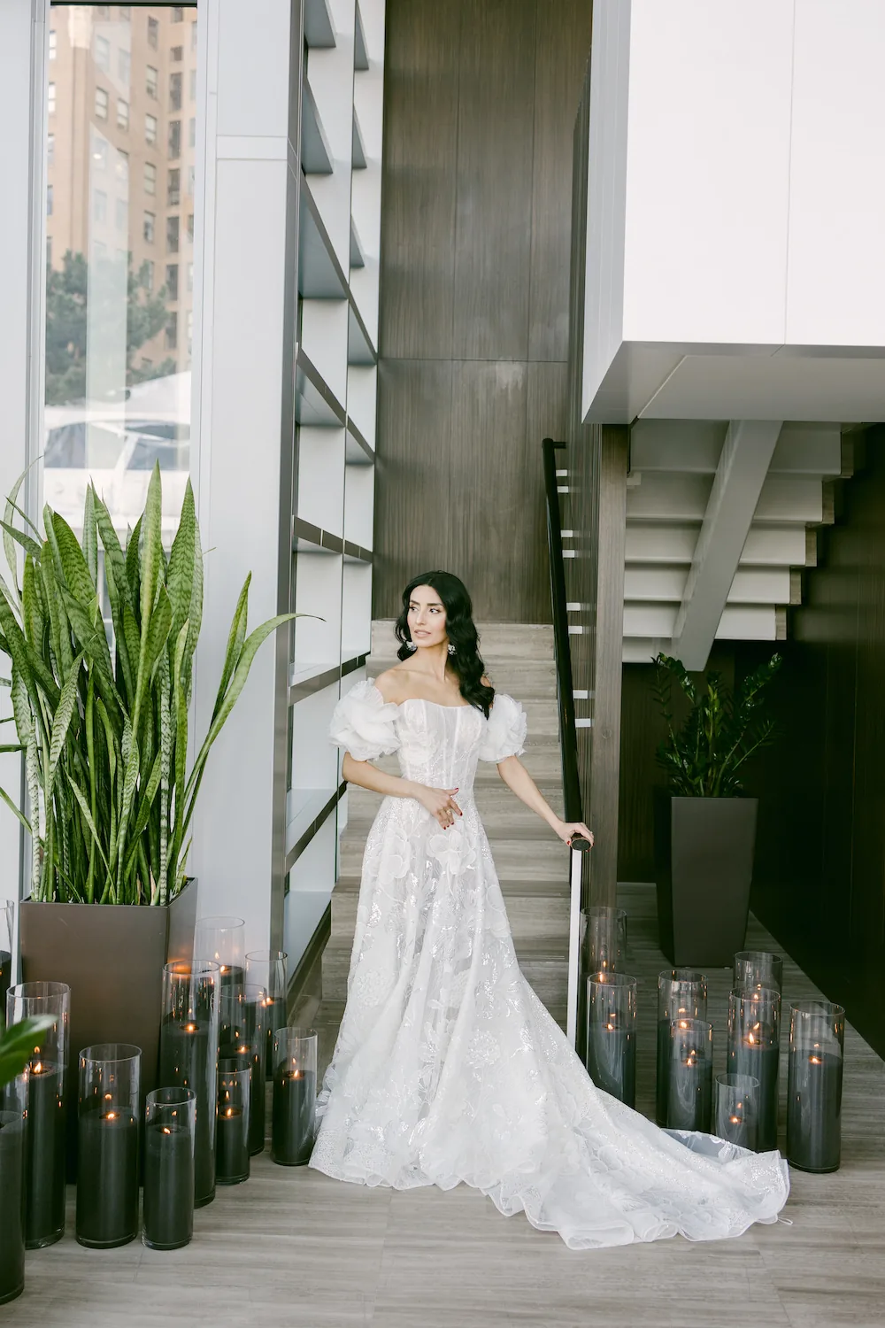 Bride on the staircase before her Vancouver wedding