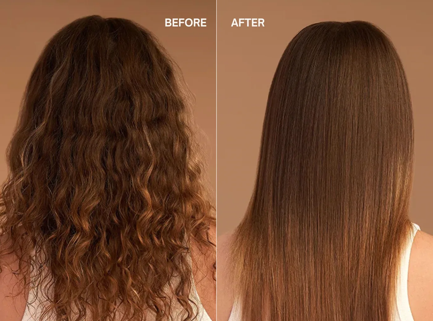 Before and after a Cezanne keratin smoothing treatment, frizzy waves on the left and sleek straight hair on the right