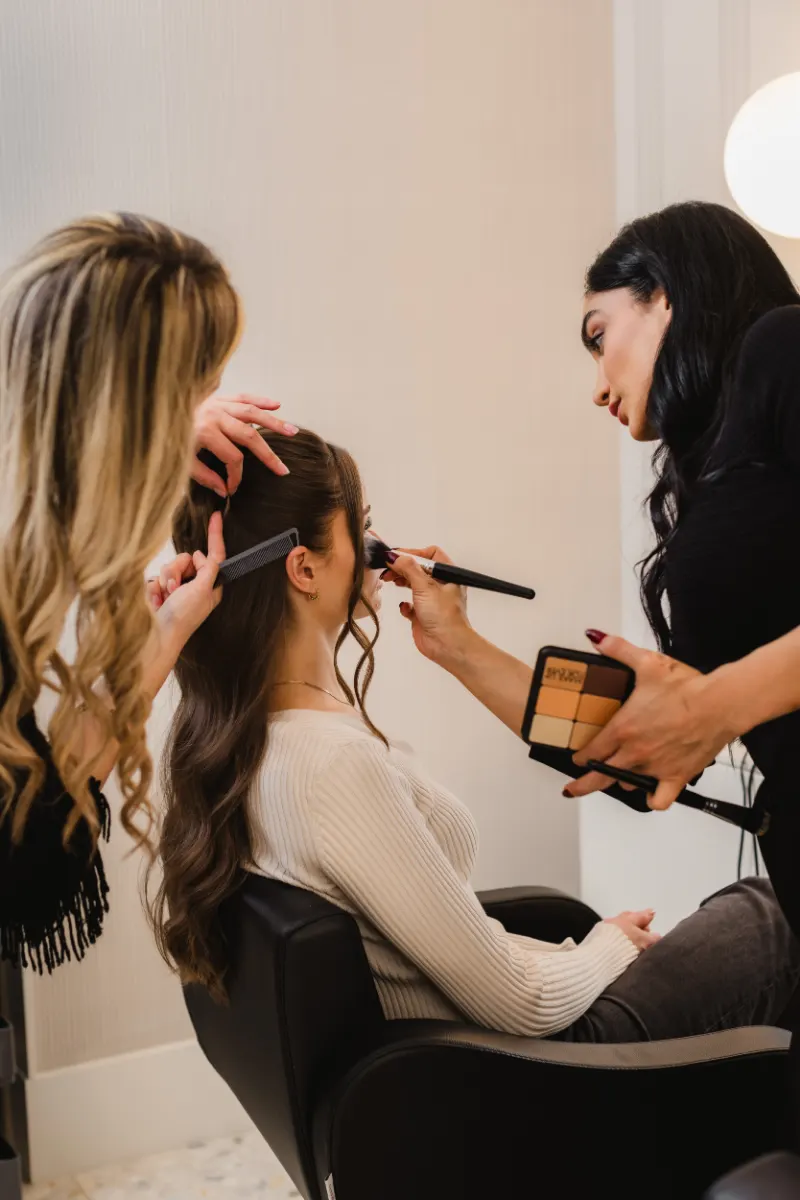 Hair and makeup being done at the same time at Wish Dry Bar Vancouver