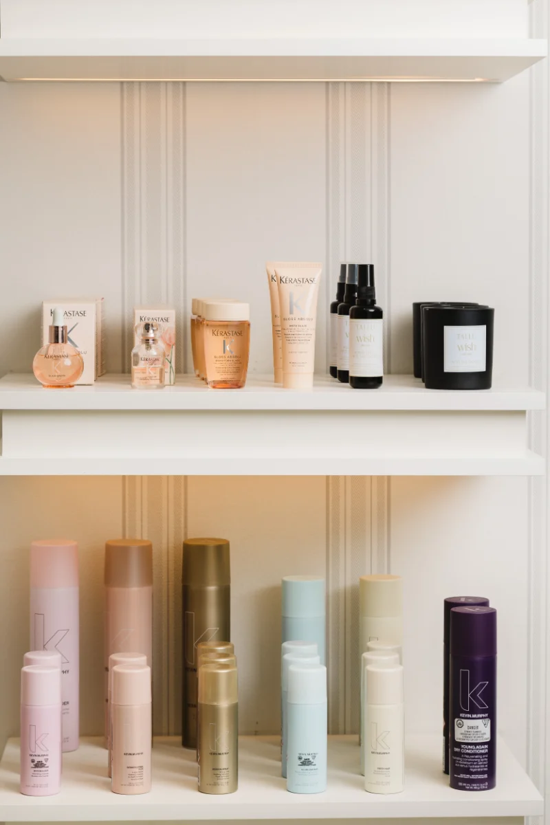 Skincare and styling products on display at Wish Dry Bar Vancouver