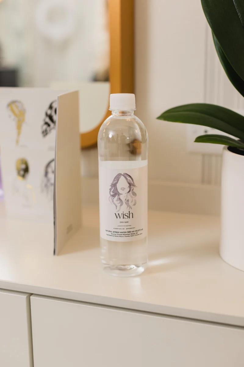 Complimentary Wish Dry Bar water bottle at the Vancouver salon